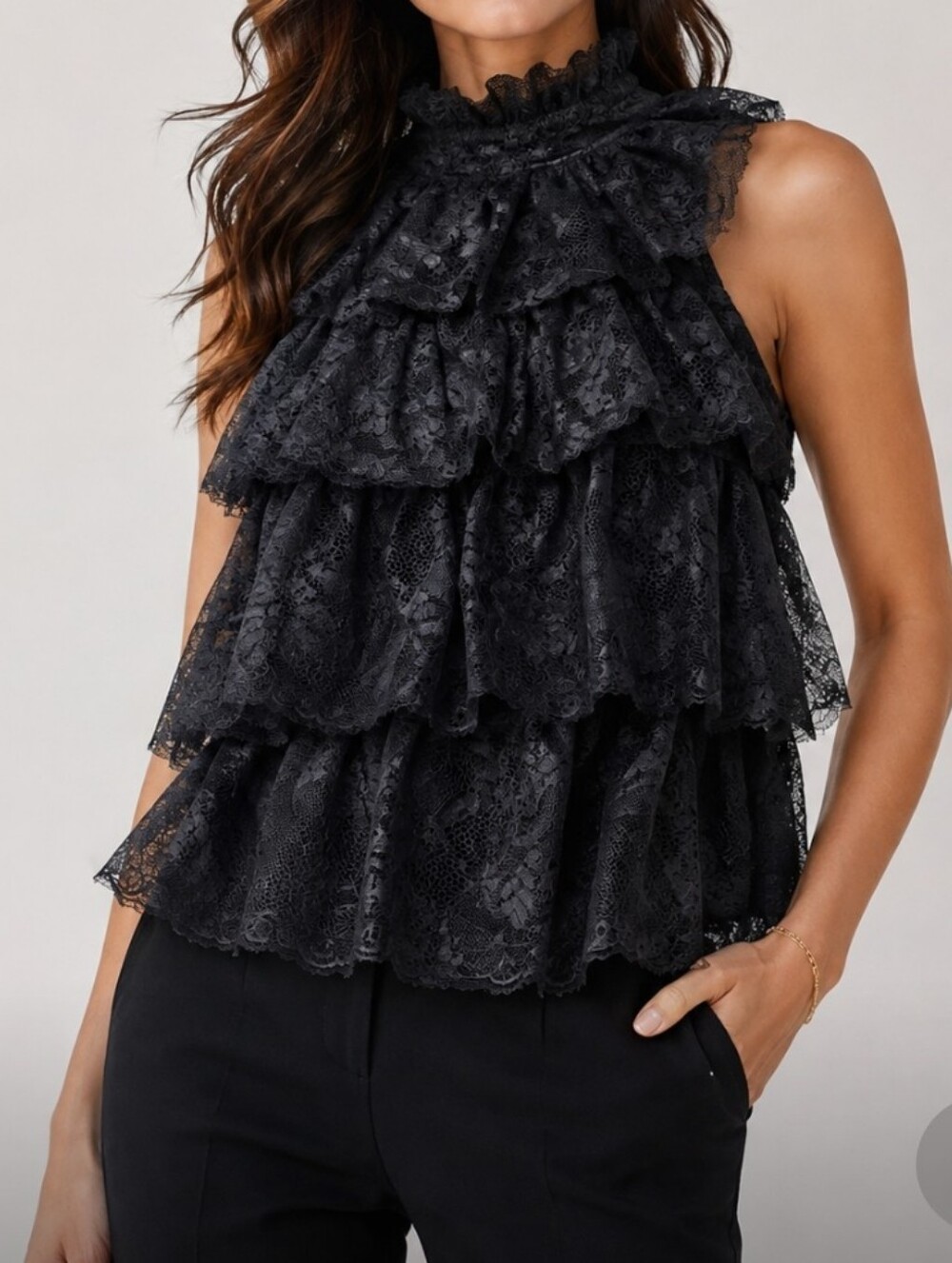 Melanie Lyne Black Lace Tiered Ruffle Mock Neck Sleeveless Top